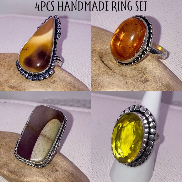 4pcs Handmade Ring Set Citrine Mookaite Jasper Amber Gemstone Halo Ring Size 7.5 - Picture 7 of 8
